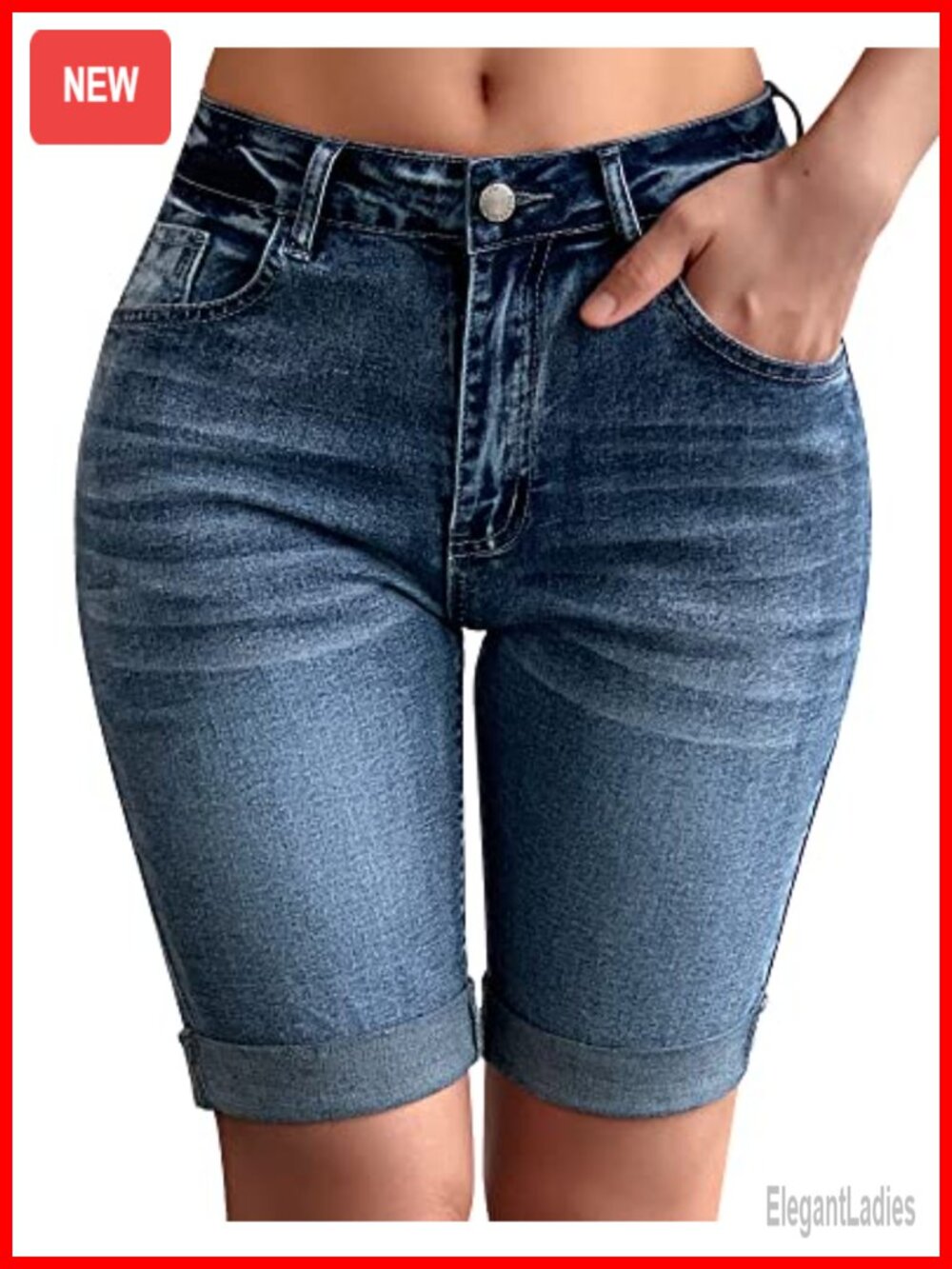 Mid Rise Roll Cuff Bermuda Stretch Denim Jean Shorts High Stretch